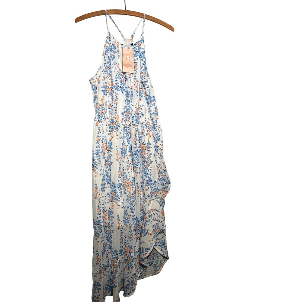 NWT Chic Style Floral High Low Maxi Dress Womens Medium Blue Orange Halter Neck